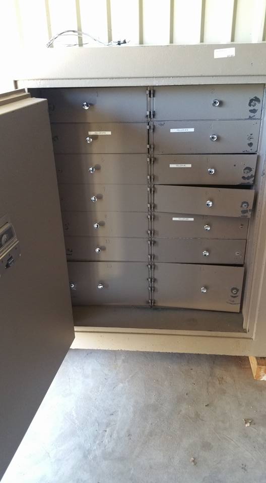 Hamilton TL-15 bank safe inside showing locking compartments for storing teller drawers