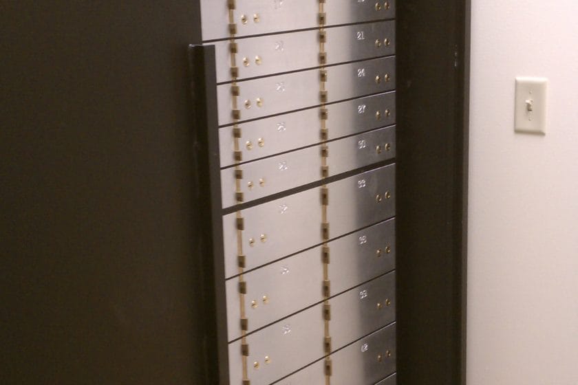 a large Hamilton bank safe full of safe deposit boxes