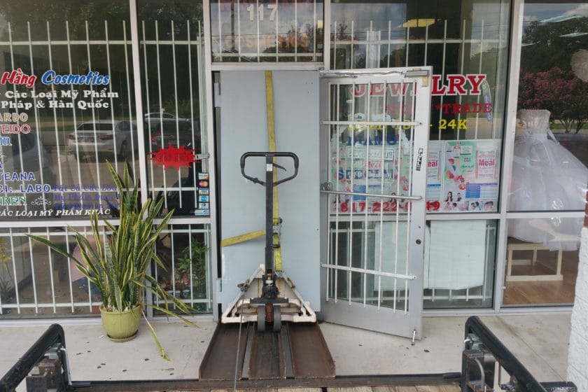 Here we are moving a heavy safe out of a jewelry store and loading it onto our trailer